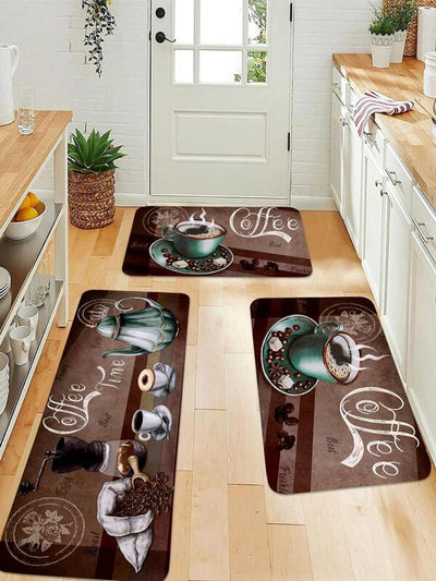 1/2 Pc Vintage Coffee Print Pattern Kitchen Mat, Soft Plush Rectangular Non-Slip Rug, Suitable For Living Room, Dining Room, Kitchen