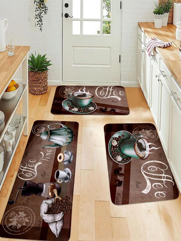 1/2 Pc Vintage Coffee Print Pattern Kitchen Mat, Soft Plush Rectangular Non-Slip Rug, Suitable For Living Room, Dining Room, Kitchen