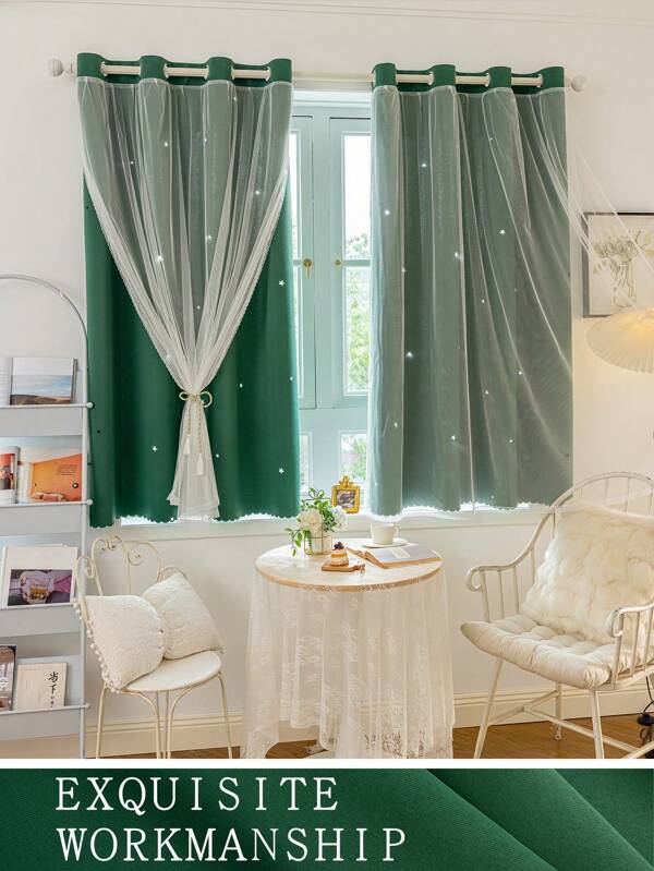 2 Panel Blackout Curtains With Star Cutout, Room Darkening Solid Color Curtains, Double Layer With Lace Decoration, Suitable For Bedroom, Girls Room And Living Room