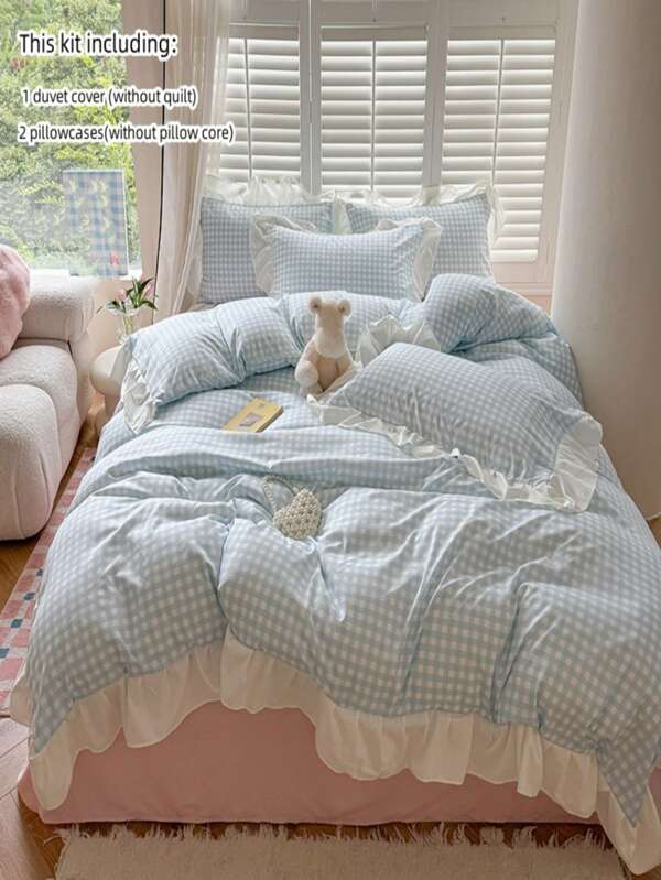 3pcs Lace Plaid Printed Bedding Set Including Duvet Cover And Pillow Shams (Without Filler), Soft And Breathable Fabric Suitable For All Seasons, Duvet Cover With Zipper For Easy Washing,Fall Decor,Autumn Decor,Room Decor