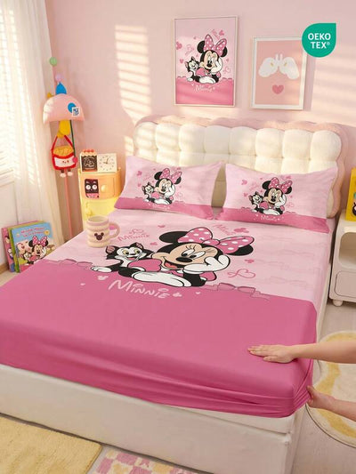 1pc Disney Minnie Mouse Print Fitted Bedsheet (Pillow Case Not Included), Skin-Friendly Mattress Cover, Cute Cartoon Bedding, Soft & Breathable Mattress Protector, Fits Twin/Full/Queen/King Size Bed, Washable, Oeko-Tex